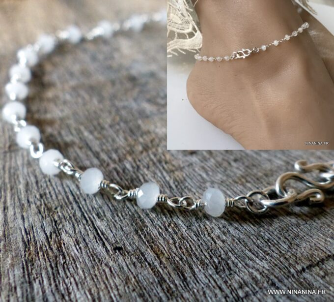 N6058g Chaine de cheville pierre de lune Argent symbole infini femme - Bijoux Chaines en ligne Ninanina