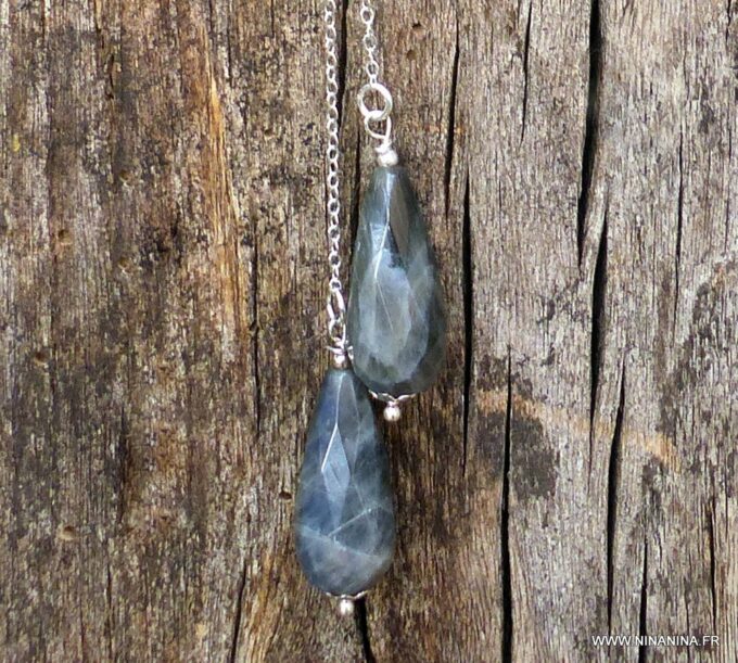 N6060a Collier long sauroit pendentifs labradorite naturelle chaine argent 925 massif - Bijoux Colliers en ligne Ninanina