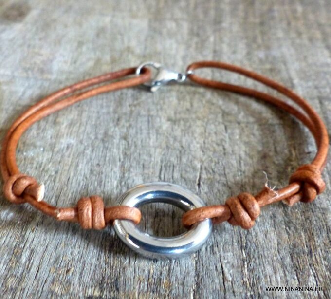 N6063 Bracelet cordon cuir anneau ovale acier inoxydable - Bijoux Bracelets en ligne Ninanina