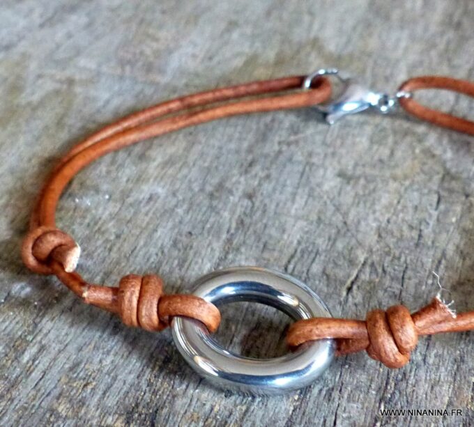 N6063b Bracelet cordon cuir anneau ovale acier inoxydable - Bijoux Bracelets en ligne Ninanina