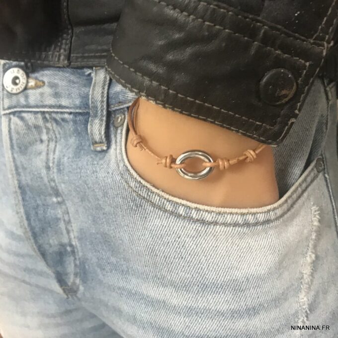 N6063b Bracelet cordon reglable en cuir anneau Acier argenté - Bijoux Bracelets Hommes en ligne Ninanina