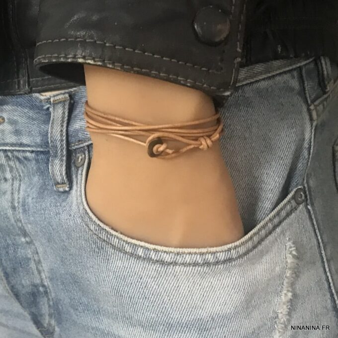 N6063c Bracelet cordon reglable en cuir anneau Acier argenté - Bijoux Bracelets Hommes en ligne Ninanina