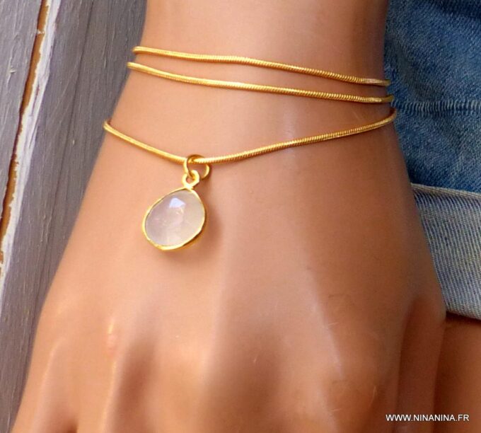 N6066 Chaine de cheville pendentif à facettes Pierre de Lune plaqué or - Bijoux Chaines en ligne Ninanina
