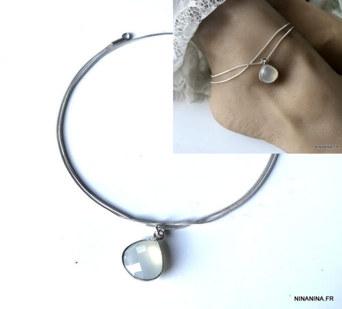 N6072a Chaine de cheville double argent pendentif pierre de lune - Bijoux Chaines de chevilles en ligne Ninanina