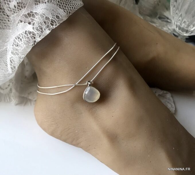 N6072b Chaine de cheville double argent pendentif pierre de lune - Bijoux Chaines de chevilles en ligne Ninanina