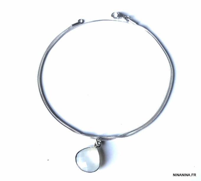 N6072c Chaine de cheville double argent pendentif pierre de lune - Bijoux Chaines de chevilles en ligne Ninanina