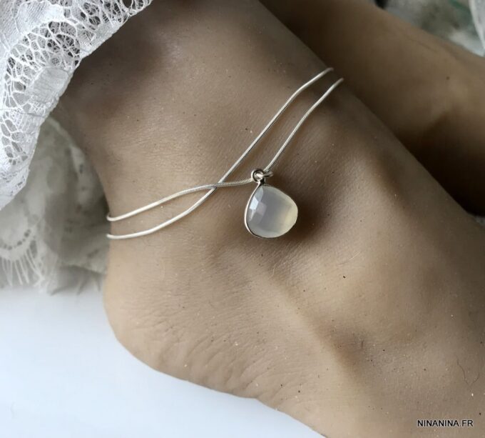 N6072d Chaine de cheville double argent pendentif pierre de lune - Bijoux Chaines de chevilles en ligne Ninanina
