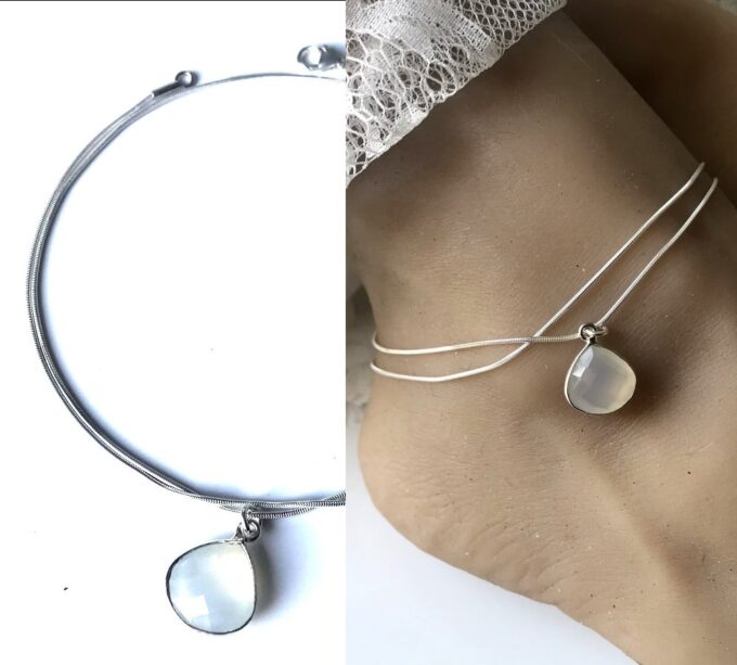 N6072e Chaine de cheville double argent pendentif pierre de lune - Bijoux Chaines de chevilles en ligne Ninanina