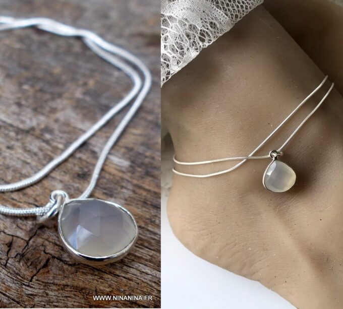 N6072f Chaine de cheville double argent pendentif pierre de lune - Bijoux Chaines de chevilles en ligne Ninanina