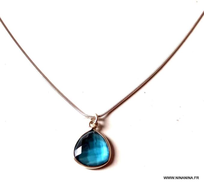 N6073 Collier long pendentif topaze bleue Argent 925 massif - Bijoux Colliers en ligne Ninanina