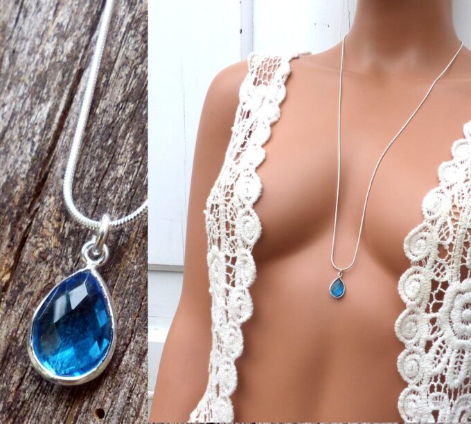 N6073g Collier long Chaine serpent pendentif à facettes pierre précieuse saphir argent 925 massif - Bijoux Colliers en ligne Ninanina