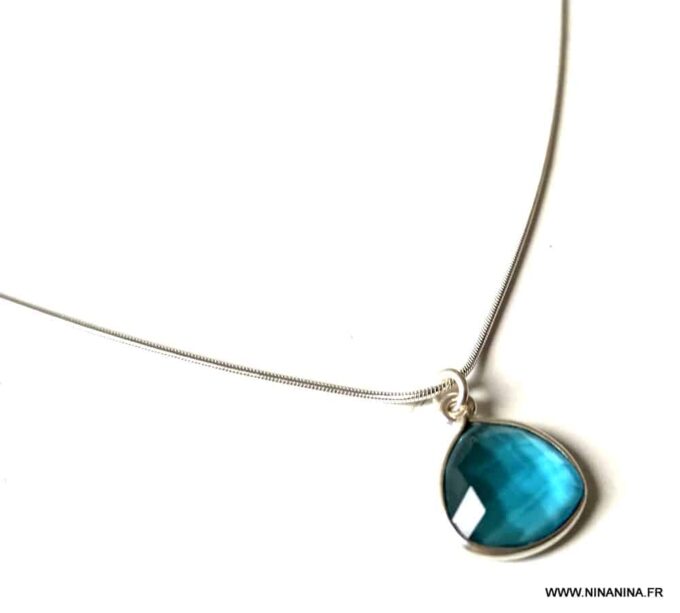 N6074 Collier argent topaze bleu pendentif pour femme -Bijoux Colliers en ligne Ninanina