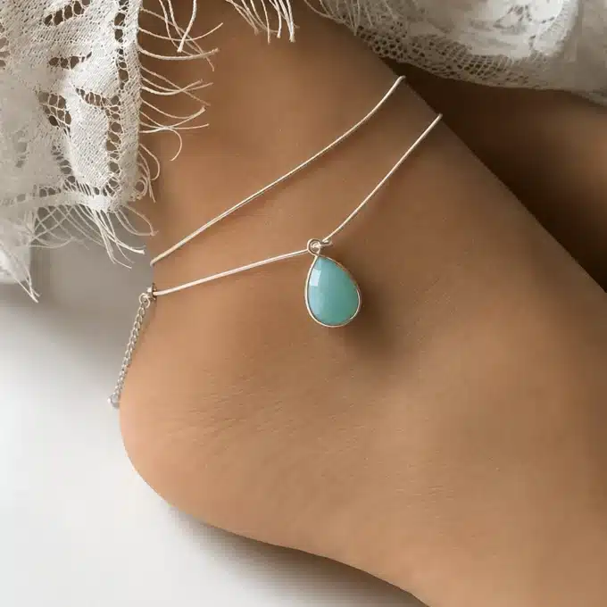 N6075 Chaine cheville argent 925 double pendentif amazonite bleue - Bijoux de pieds femmes en ligne Ninanina