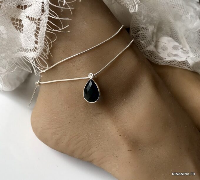N6075 Chaine cheville argent 925 double pendentif topaze bleue - Bijoux de pieds en ligne Ninanina