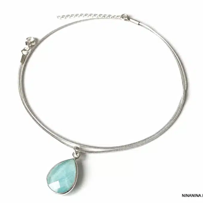 N6075a Chaine cheville argent 925 double pendentif amazonite bleue - Bijoux de pieds femmes en ligne Ninanina