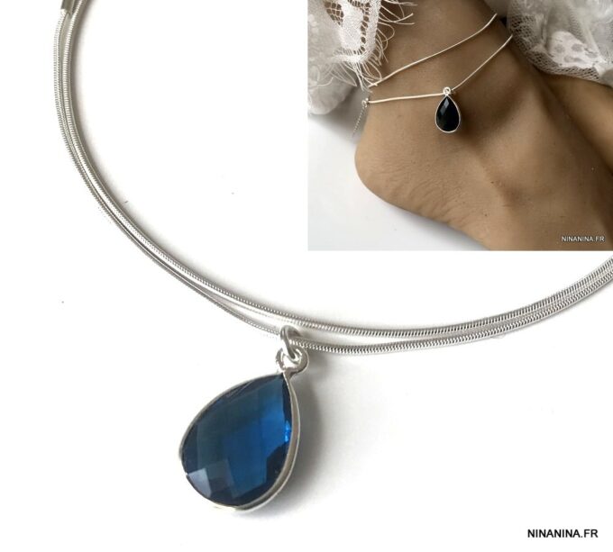 N6075a Chaine cheville argent 925 double pendentif topaze bleue - Bijoux de pieds en ligne Ninanina