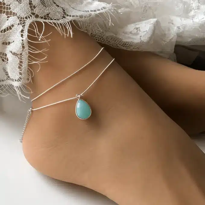 N6075b Chaine cheville argent 925 double pendentif amazonite bleue - Bijoux de pieds femmes en ligne Ninanina