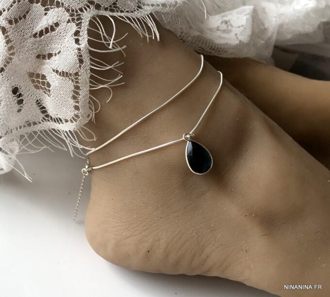 N6075b Chaine cheville argent 925 double pendentif topaze bleue - Bijoux de pieds en ligne Ninanina