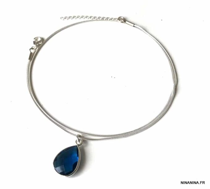 N6075c Chaine cheville argent 925 double pendentif topaze bleue - Bijoux de pieds en ligne Ninanina