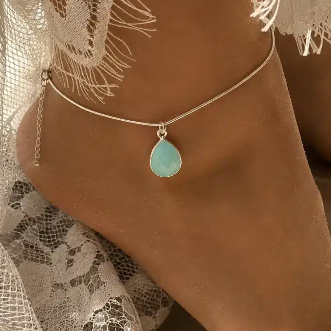 N6075d Chaine cheville argent 925 double pendentif amazonite bleue - Bijoux de pieds femmes en ligne Ninanina