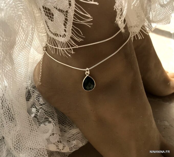N6075d Chaine cheville argent 925 double pendentif topaze bleue - Bijoux de pieds en ligne Ninanina