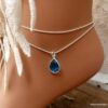N6075d Chaine de cheville serpent argent 925 massif pendentif à facettes forme poire pierre précieuse saphir - Bijoux Chaines en ligne Ninanina