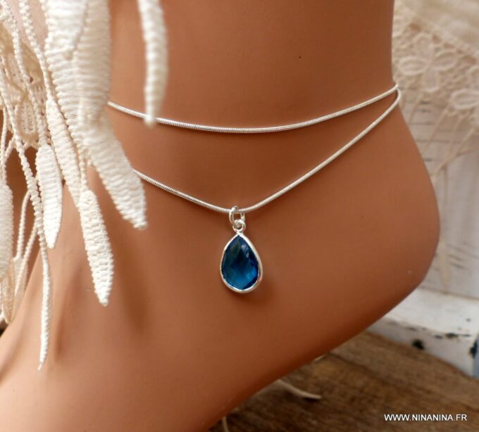 N6075d Chaine de cheville serpent argent 925 massif pendentif à facettes forme poire pierre précieuse saphir - Bijoux Chaines en ligne Ninanina