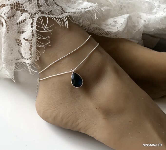 N6075g Chaine cheville argent 925 double pendentif topaze bleue - Bijoux de pieds en ligne Ninanina