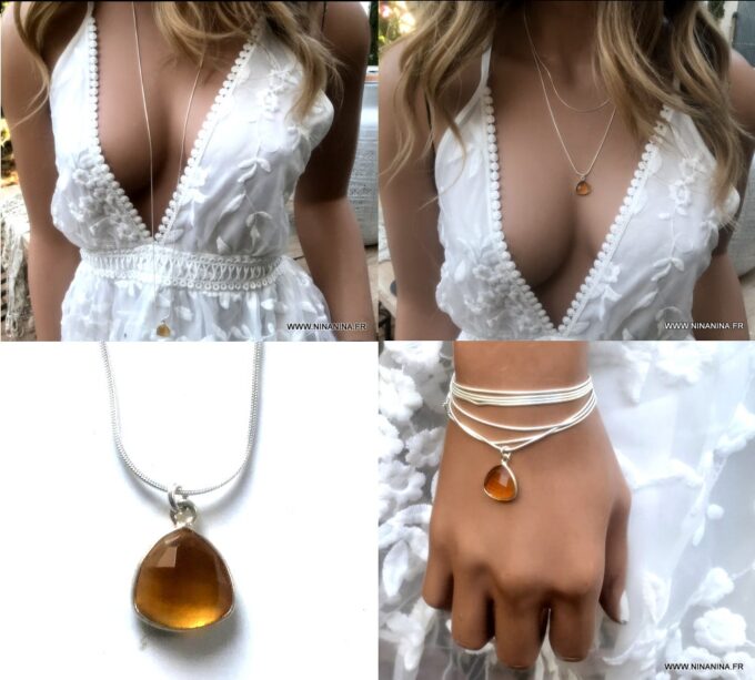 N6076c Collier pierre Citrine naturelle pendentif Sautoir Argent 925 - Bijoux Colliers en ligne Ninanina