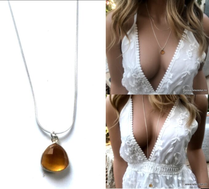 N6076f Collier pierre Citrine naturelle pendentif Sautoir Argent 925 - Bijoux Colliers en ligne Ninanina