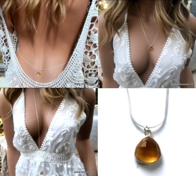 N6076h Collier pierre Citrine naturelle pendentif Sautoir Argent 925 - Bijoux Colliers en ligne Ninanina