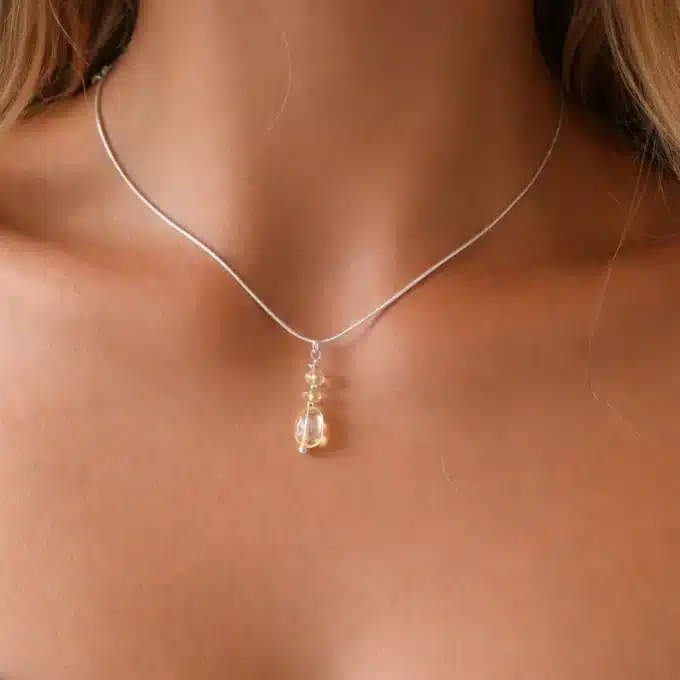 N6077 Collier citrine jaune véritable artisanal - pendentif sur chaine serpent Argent 925 massif - Bijoux Colliers femmes en ligne Ninanina