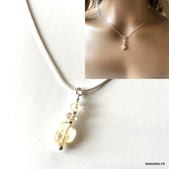 N6077 Collier citrine véritable chaine serpent Argent 925 massif - Bijoux Colliers en ligne Ninanina