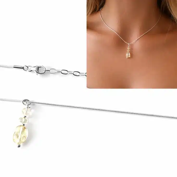 N6077c Collier citrine jaune véritable artisanal - pendentif sur chaine serpent Argent 925 massif - Bijoux Colliers femmes en ligne Ninanina
