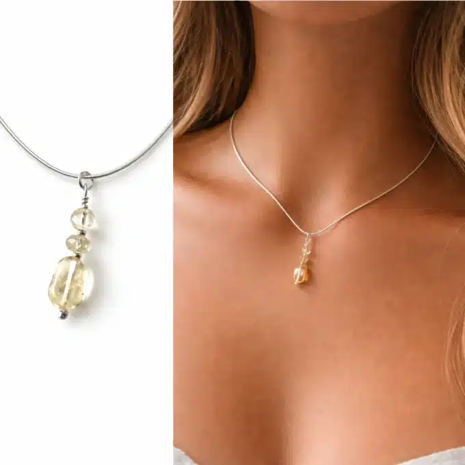 N6077d Collier citrine jaune véritable artisanal - pendentif sur chaine serpent Argent 925 massif - Bijoux Colliers femmes en ligne Ninanina