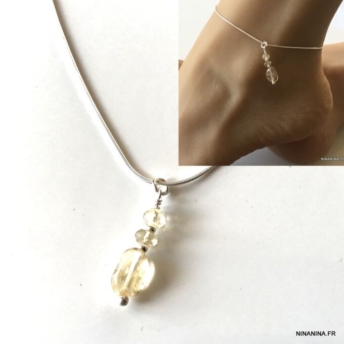 N6078a Bijou cheville Argent 925 massif pendentif citrine femme - Bijoux Chaines de chevilles en ligne Ninanina