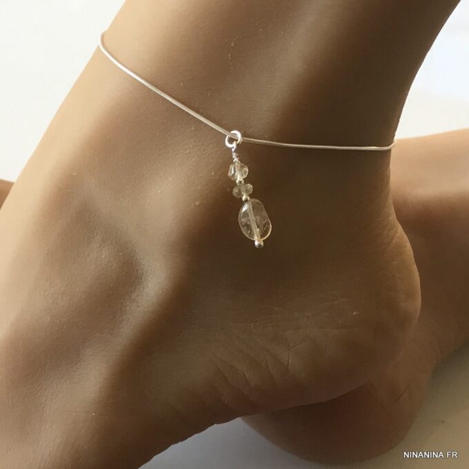N6078b Bijou cheville Argent 925 massif pendentif citrine femme - Bijoux Chaines de chevilles en ligne Ninanina