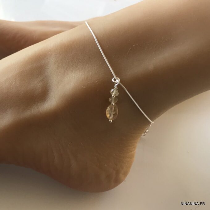 N6078d Bijou cheville Argent 925 massif pendentif citrine femme - Bijoux Chaines de chevilles en ligne Ninanina