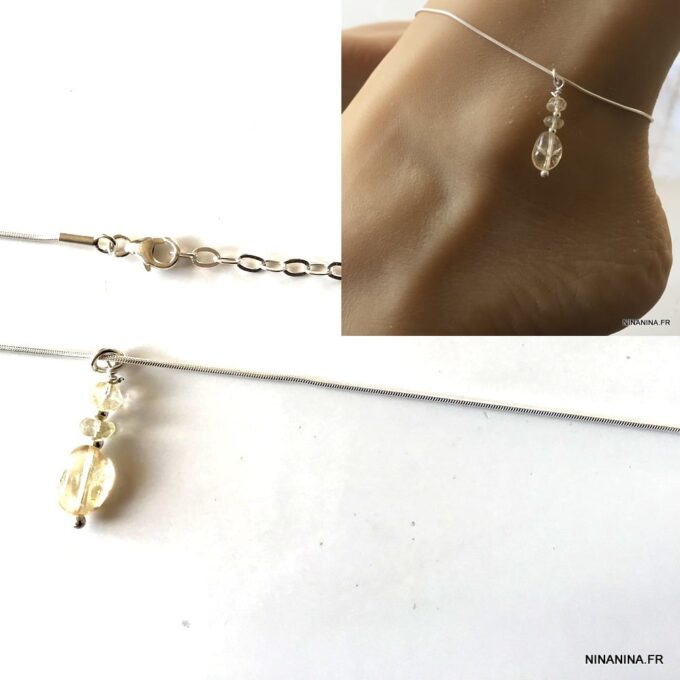 N6078f Bijou cheville Argent 925 massif pendentif citrine femme - Bijoux Chaines de chevilles en ligne Ninanina