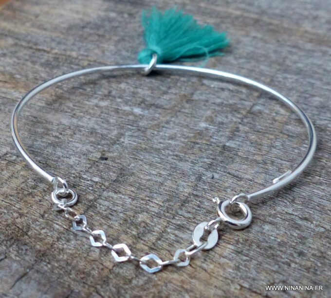 N6079d Bracelet jonc argent 925 massif pompon vert - Bijoux Bracelets en ligne Ninanina