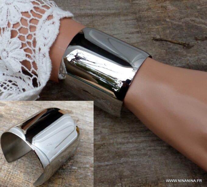 N6081g Bracelet manchette en acier inoxydable argenté - Bijoux Bracelets en ligne Ninanina