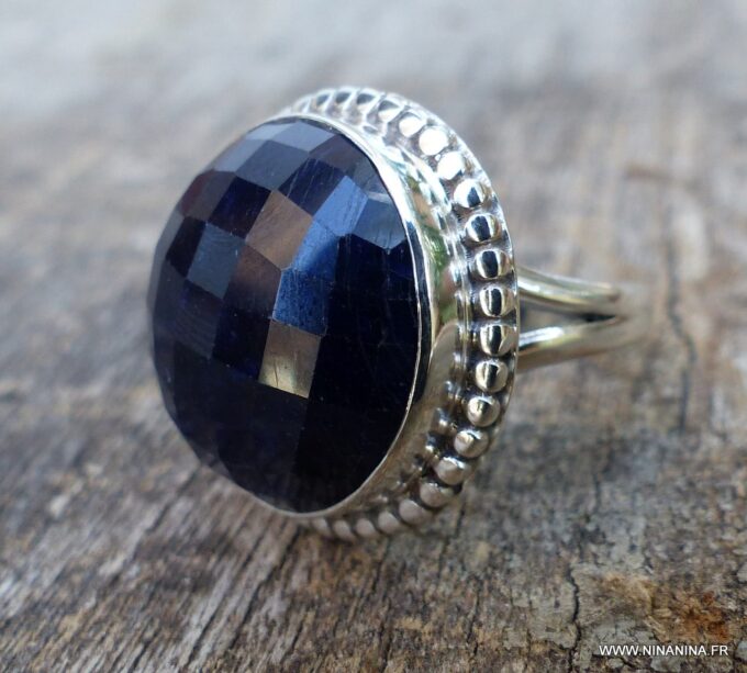 N6085 Bague forme ronde saphir bleu argent 925 massif - Bijoux Bagues en ligne Ninanina