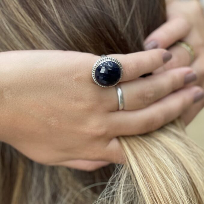 N6085 Bague Saphir Bleu Indien Rond Argent 925 massif - Bijoux Bagues en ligne Ninanina