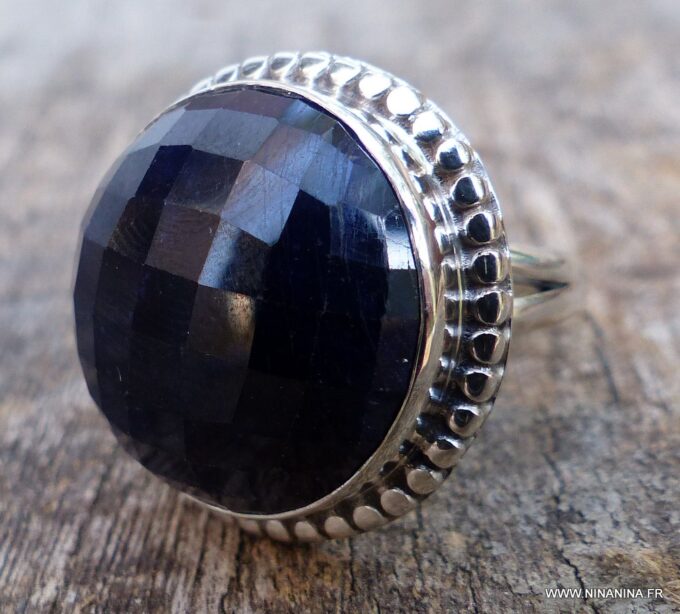 N6085b Bague forme ronde saphir bleu argent 925 massif - Bijoux Bagues en ligne Ninanina