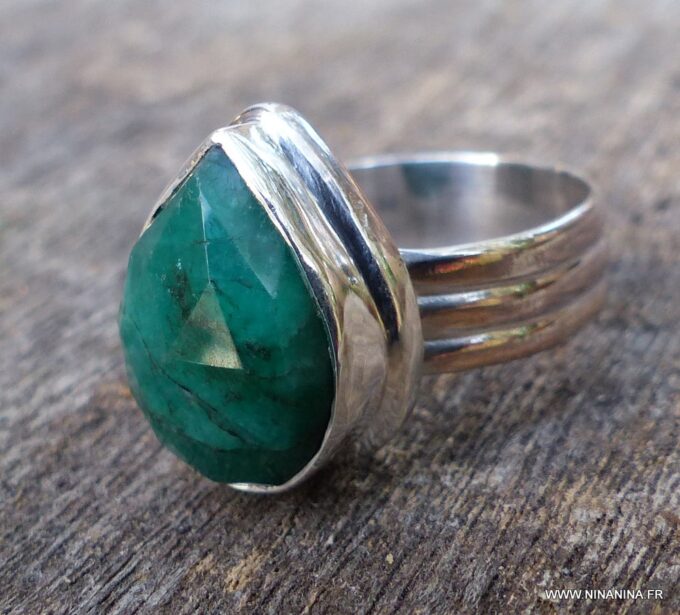 N6089b Bague forme poire émeraude verte argent 925 massif - Bijoux Bagues en ligne Ninanina