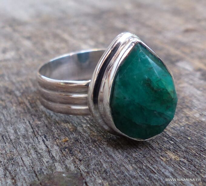 N6089e Bague forme poire émeraude verte argent 925 massif - Bijoux Bagues en ligne Ninanina