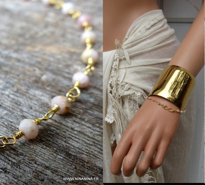 N6094 Bracelet en opale rose naturelle infini plaqué or - Bijoux Bracelets en ligne Ninanina