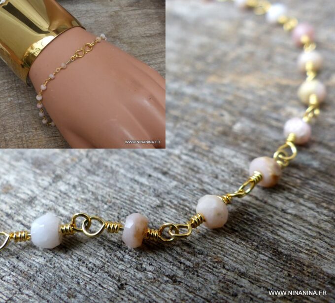 N6094b Bracelet en opale rose naturelle infini plaqué or - Bijoux Bracelets en ligne Ninanina