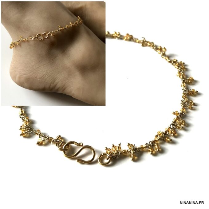 N6103a Chaine de cheville jaune citrine infini Plaqué Or - Bijoux de pied en ligne Ninanina