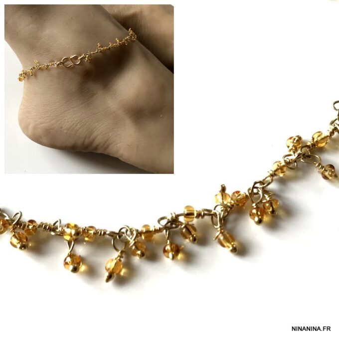 N6103e Chaine de cheville jaune citrine infini Plaqué Or - Bijoux de pied en ligne Ninanina